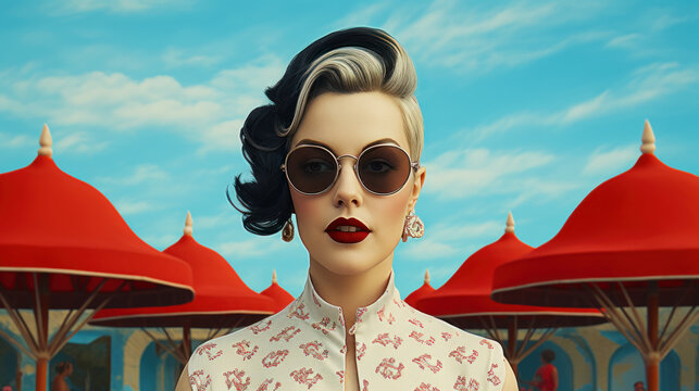 A young woman model in the style of 1960 created with generative AI technology