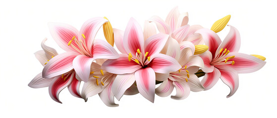 Pink white and yellow tropical 3D flowers over white background