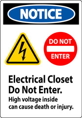 Notice Sign Electrical Closet - Do Not Enter. High Voltage Inside Can Cause Death Or Injury