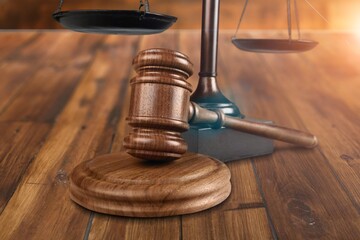 Law concept, wooden judge gavel or mallet