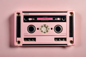 Vintage audio cassette on pink background with copy space. Top view