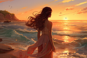 Fototapeta na wymiar girl on the beach at sunset