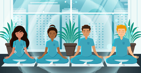 Grupo de profesionales de la salud meditando para contrarrestar los efectos del stress en el trabajo. - obrazy, fototapety, plakaty