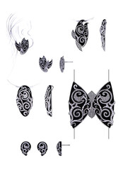 Jewelry design art vintage set butterfly hand drawing and painting on paper.