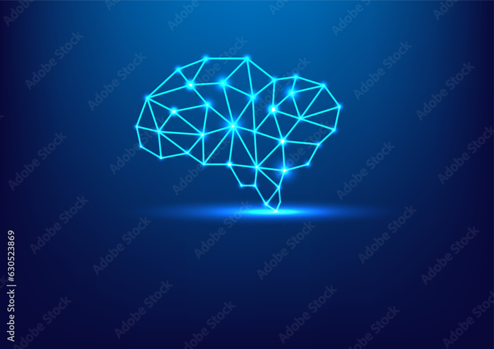 Poster smart brain artificial intelligence technology. polygon human brain vector on blue background. machi