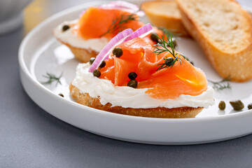 Salmon and cream cheese bruschetta with dill and capers