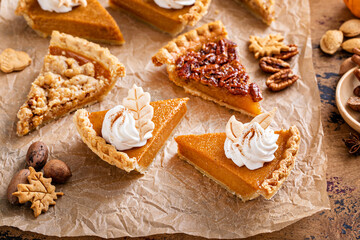 Fototapeta na wymiar Variety of Thanksgiving pie slices on parchment paper