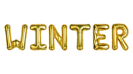 Winter. Winter balloons. Winter month. Yellow Gold foil helium balloon. Good for advertising, event, store shop posters. English alphabet letters, word. High resolution photo isolated background