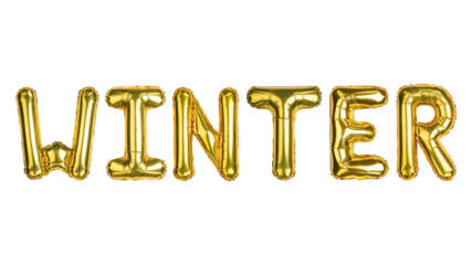 Winter. Winter balloons. Winter month. Yellow Gold foil helium balloon. Good for advertising, event, store shop posters. English alphabet letters, word. High resolution photo isolated background