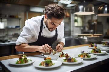 Fototapeta na wymiar Generative AI : Male chef plating food in plate while working in commercial kitchen