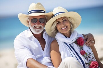 Generative AI : Senior couple relaxing by the sea on sunny day