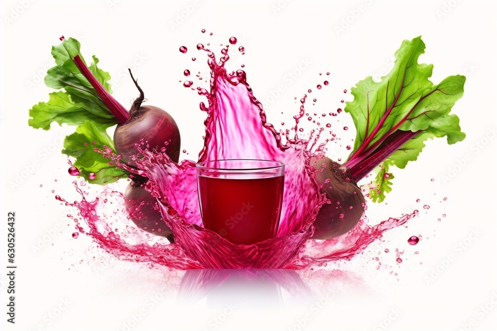 Poster generative ai : beetroot juice in a glass and fresh organics beetroot on white background