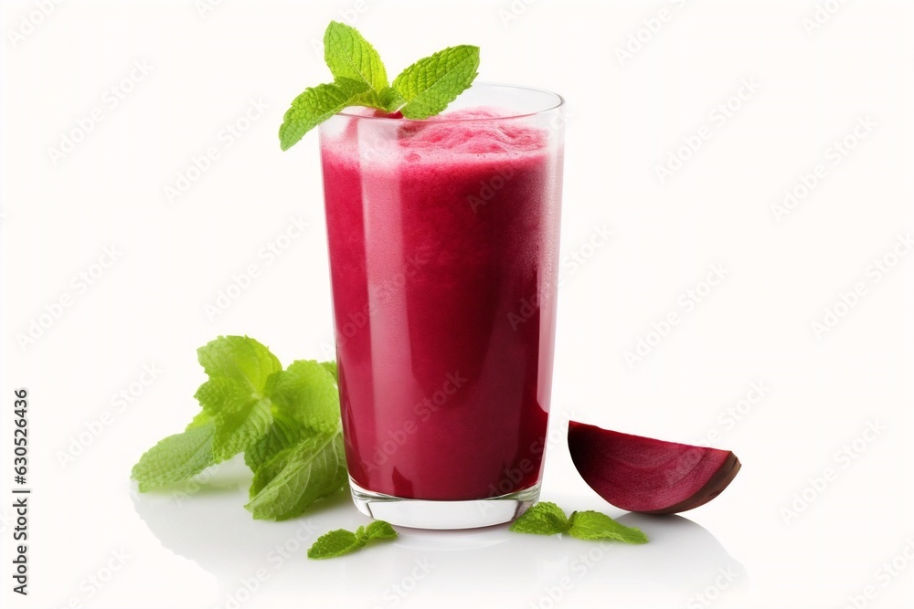 Poster generative ai : beetroot juice in a glass and fresh organics beetroot on white background