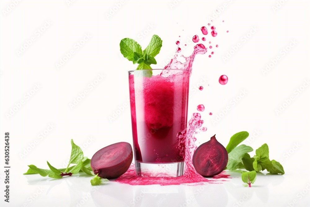 Poster generative ai : beetroot juice in a glass and fresh organics beetroot on white background