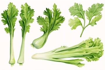 Generative AI : Watercolor illustration of celery with paint splashes.