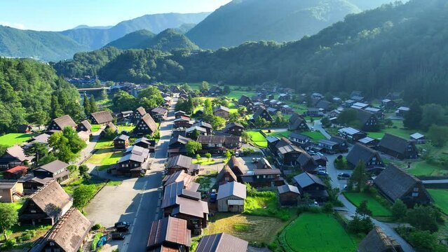 morning aerial view of Japanese traditional mountain village of Shirakawa-go, Shirakawago is an idyllic village in Japanese Alps, famous tourist attraction in Japan