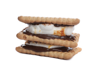 Delicious marshmallow sandwiches with crackers and chocolate isolated on white
