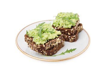 Delicious sandwiches with guacamole and arugula on white background