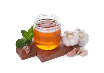 Honey, garlic and fresh mint for cough treatment. Cold remedies on white background