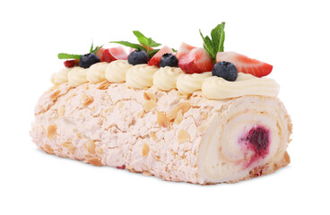 Tasty meringue roll with jam, berries and mint leaves isolated on white