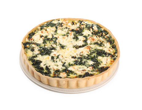 Delicious homemade spinach quiche isolated on white