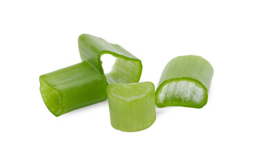 Chopped fresh green onions on white background