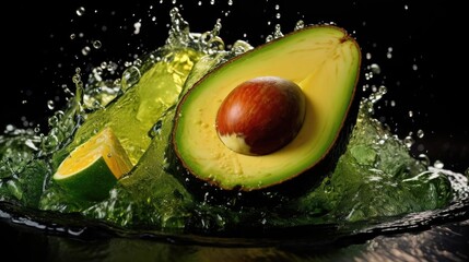 flying fresh avocado hit by splashes of water with black blur background