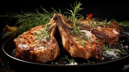 Grilled lamb chops with barbeque sauce on a plate with black and blurry background