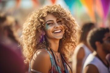 Fototapeta premium Happy young girl with curly hair having a good time at a festival.