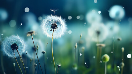 faded white dandelions on a blurred background with bokeh