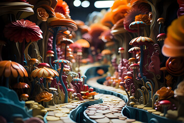 Mystical Paper Craft Pathway. Intricate and colorful paper craft art creating a mystical pathway through an enchanted mushroom forest, perfect for fairy tale and fantasy themes.
