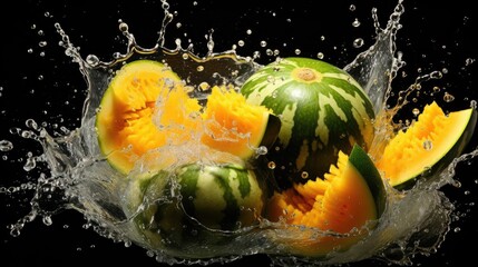 Fototapeta na wymiar fresh cut water melon splashed with black background and blur