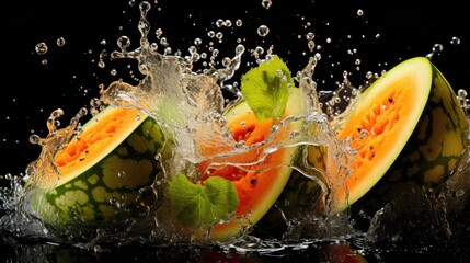 fresh cut water melon splashed with black background and blur - obrazy, fototapety, plakaty