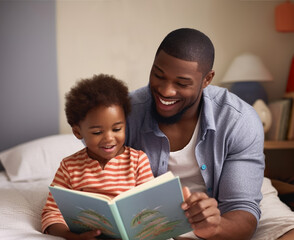 Obraz premium Close-up portrait of a black father reading a bedtime story book with his toddler son. They are sitting up together in bed and smiling. Image created with Generative AI technology.