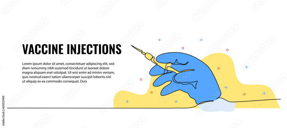Poster vector illustration of hand holding injection. modern flat in continuous line style.
