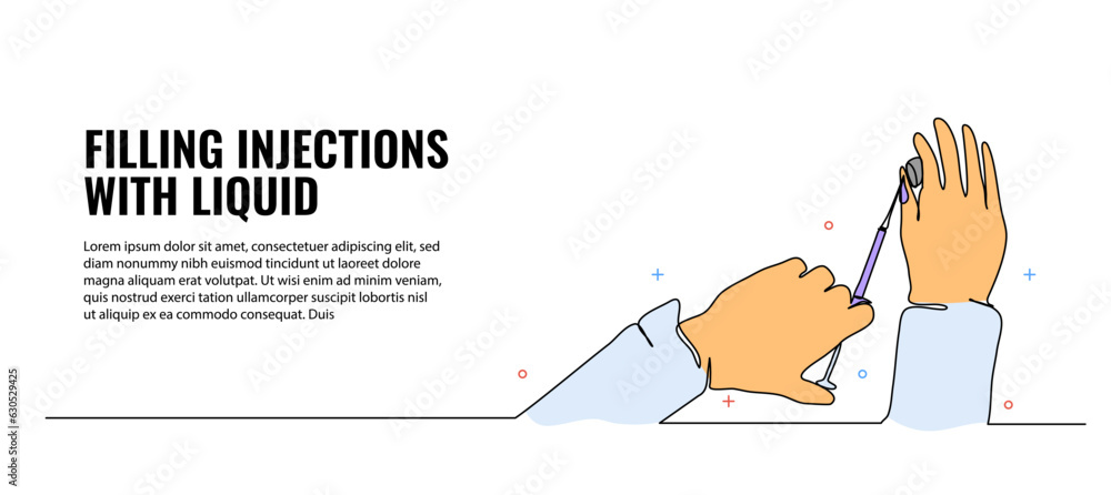 Poster vector illustration of filling the liquid to the injection. modern flat in continuous line style.