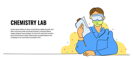 Vector illustration of a male scientist thinking about a new chemical discovery. Modern flat in continuous line style.