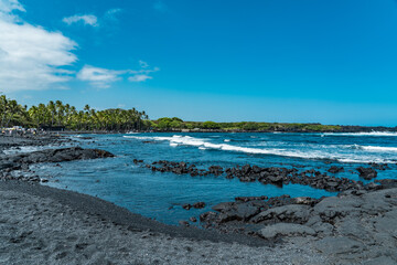 Punalu'u Black Sand Beach , Big Island, Hawaii. Pahoehoe Lava. volcanic rock.