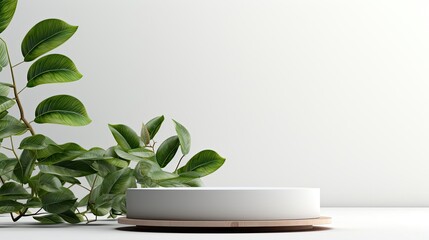 podium design for product display or product stand with leaf ornaments and minimalist background