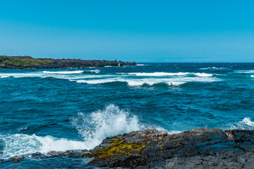 Punalu'u Black Sand Beach , Big Island, Hawaii.  Pahoehoe  Lava. volcanic rock.
