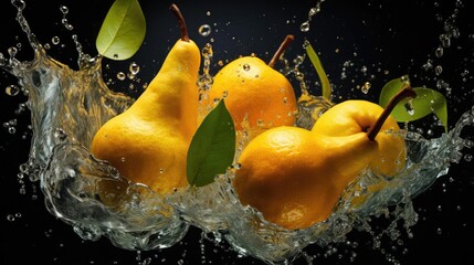 Naklejka na ściany i meble Fresh yellow pears splashed with water on a black, blurred background