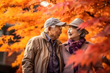 Fototapeta premium 紅葉を楽しむシニアの夫婦 with generative ai 