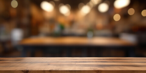 Dark wooden board empty table top and blur interior shop