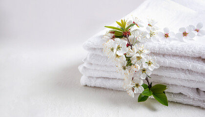 White fluffy bath towels with branch flowering cherry on white background. Spa and bodycare concept. Spa composition . Copy space