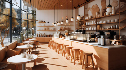 Interior of modern cafe, coffee shop Generative AI - obrazy, fototapety, plakaty