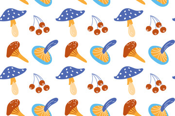 Mushrooms and leaves, seamless flat pattern. Autumn mushroom pattern, cheerful autumn forest, isolated.