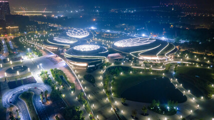 .Aerial photography of night scenes of Jiangsu Grand Theater in the city.. .
