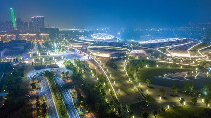 .Aerial photography of night scenes of Jiangsu Grand Theater in the city.. .