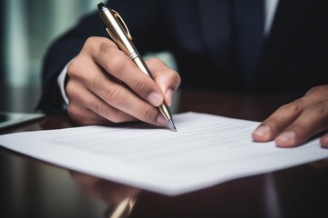 a male businessman with a suit signing a document with his pen by writing down his signature. filling out a paper blank check form paper on a desk in business office. Generative AI