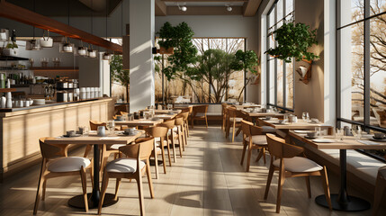 Fototapeta premium Interior of modern cafe, coffee shop Generative AI